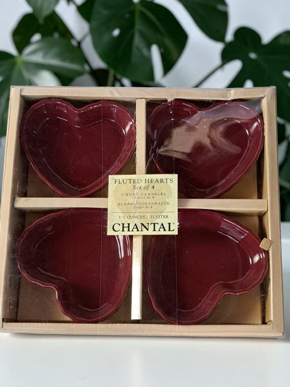 Chantal Fluted Hearts Set Of 4 Burgundy Red 3.5 Ounces Valentines